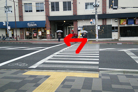 ④公園出口すぐの横断歩道を渡り、左へ進みます。